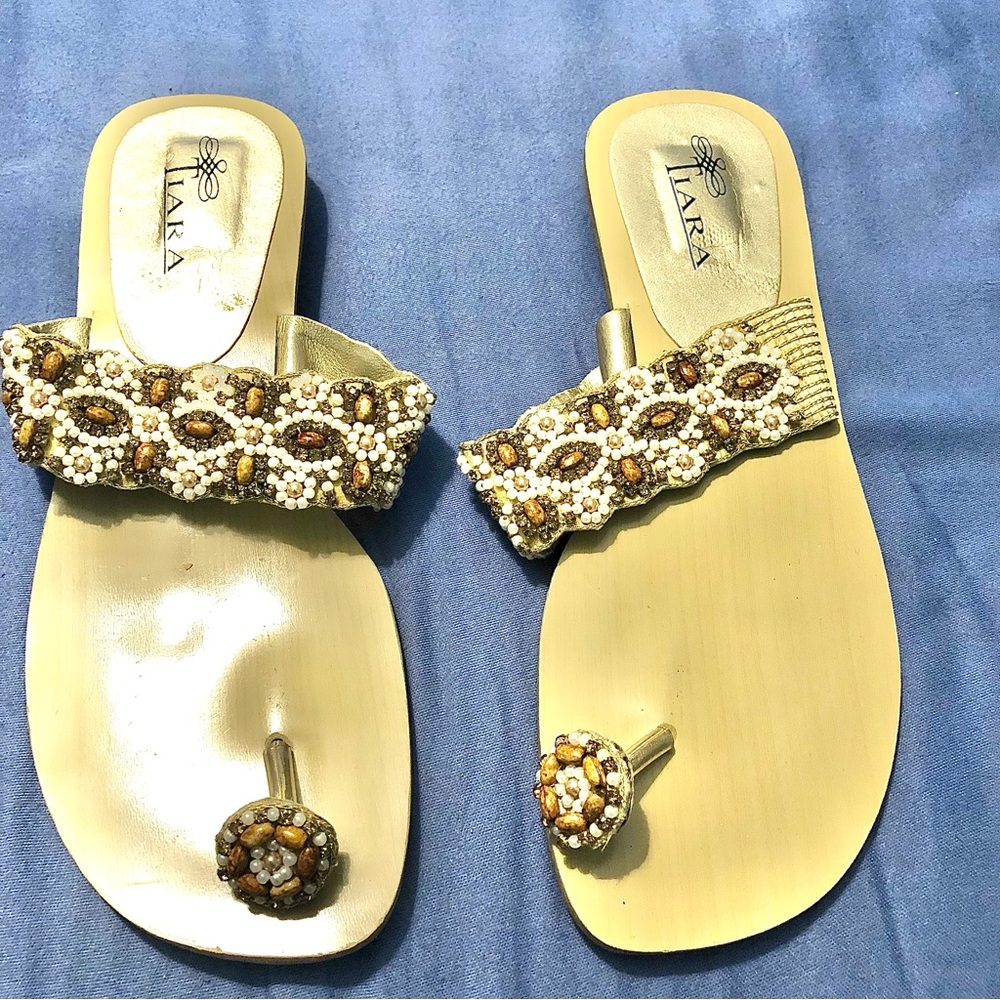 Tiara Indo/Pak Kolhapuri Chappal Flat Sandals with Beaded Strap Tan/Brown